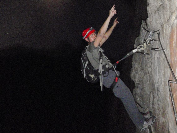 Ascending the Via Ferrata by the light of the moon.